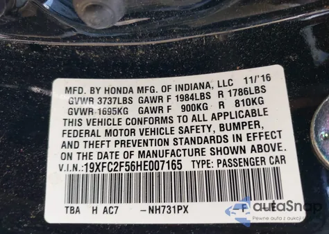 2017 Honda Civic Lx z USA, uszkodzony, nr VIN 19XFC2F56HE007165